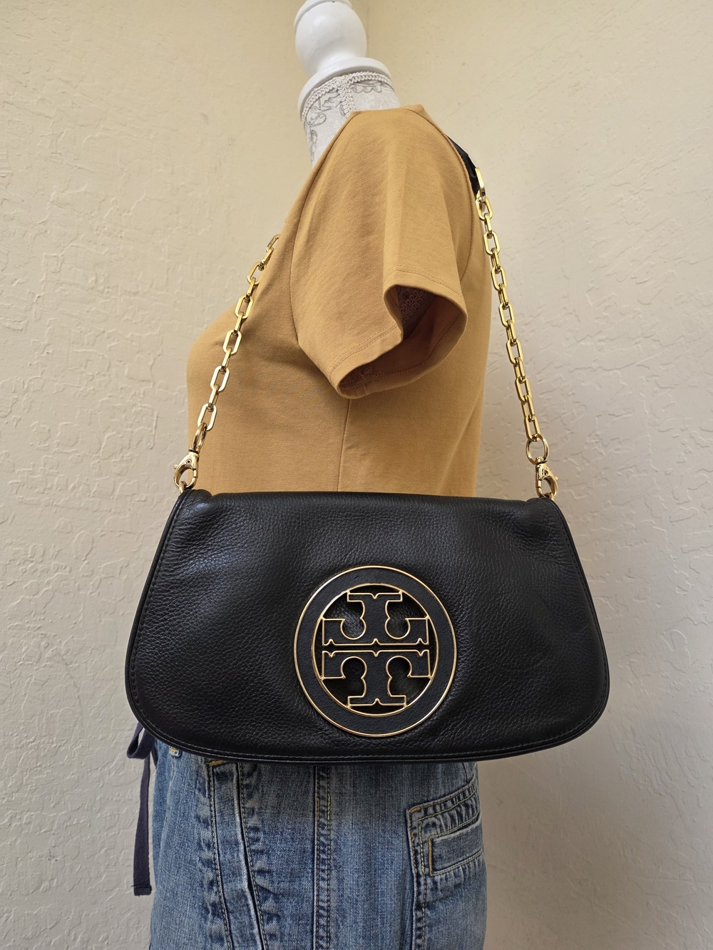 Tory Burch Black Leather Fold Over Shoulder Bag AUTHENTIC